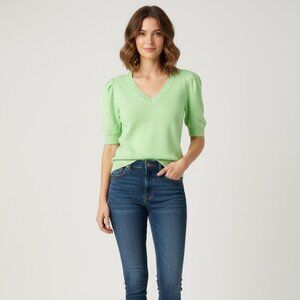 LOFT Cottagecore Knit V-Neck Green Short Puff Sleeve Pullover Size Small